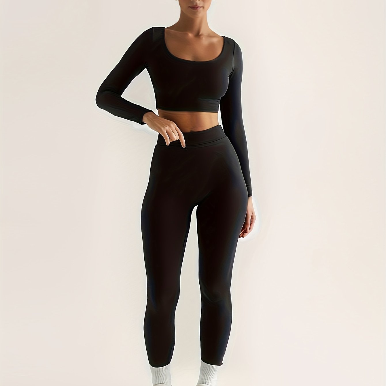 vlovelaw Solid Color Spring Casual Two-piece Set, U Neck Long Sleeve Crop Top & Skinny Pants Outfits, Women's Clothing