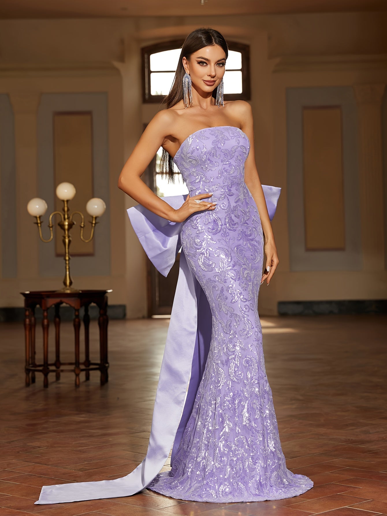 vlovelaw Elegant Bow Back Sequined Tube Dress, Sleeveless Backless Mermaid Hem Floor Length Dress For Party & Banquet, Women's Clothing
