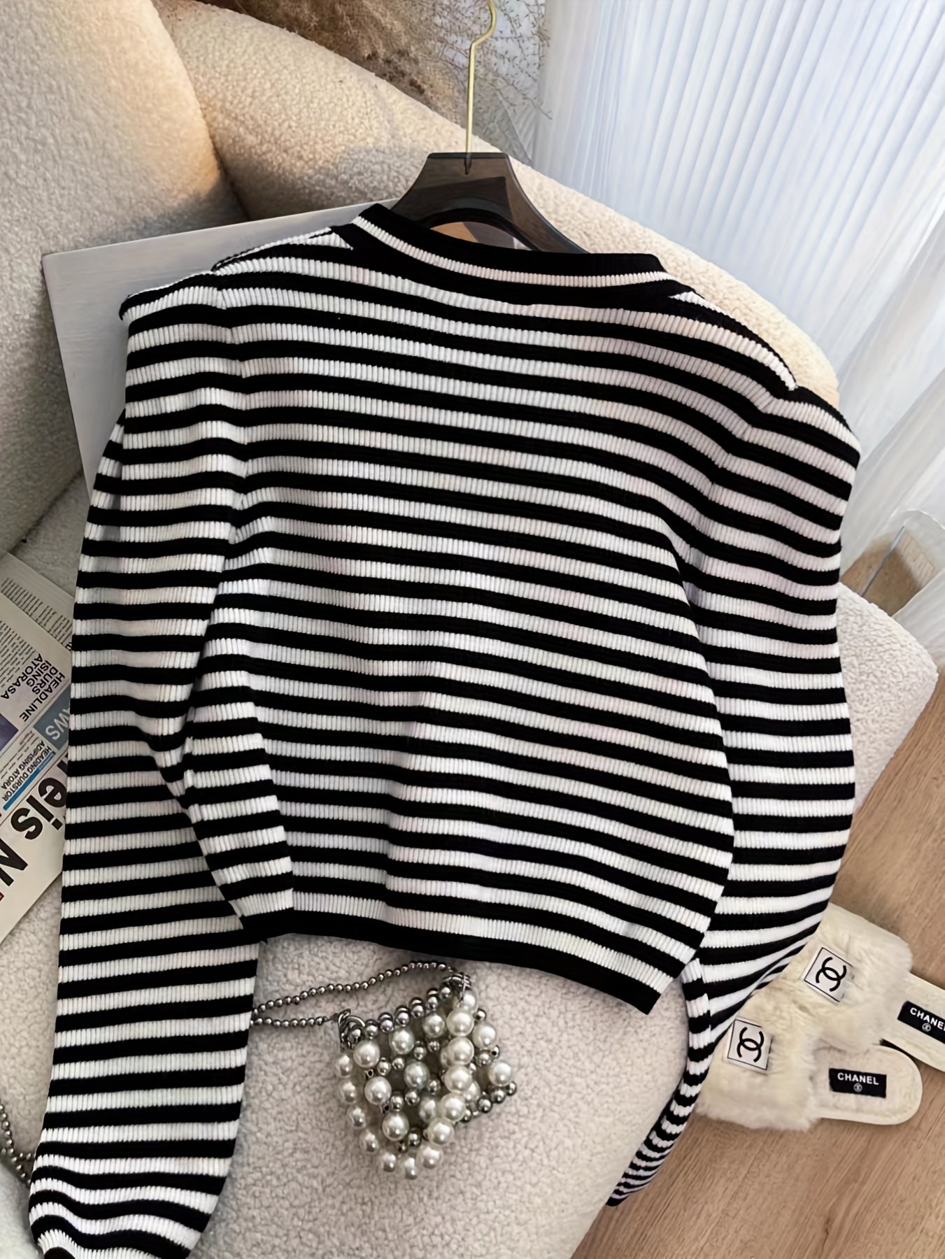 vlovelaw Striped Crew Neck Knitted Top, Elegant Puff Sleeve Crop Stylish Sweater, Women's Clothing