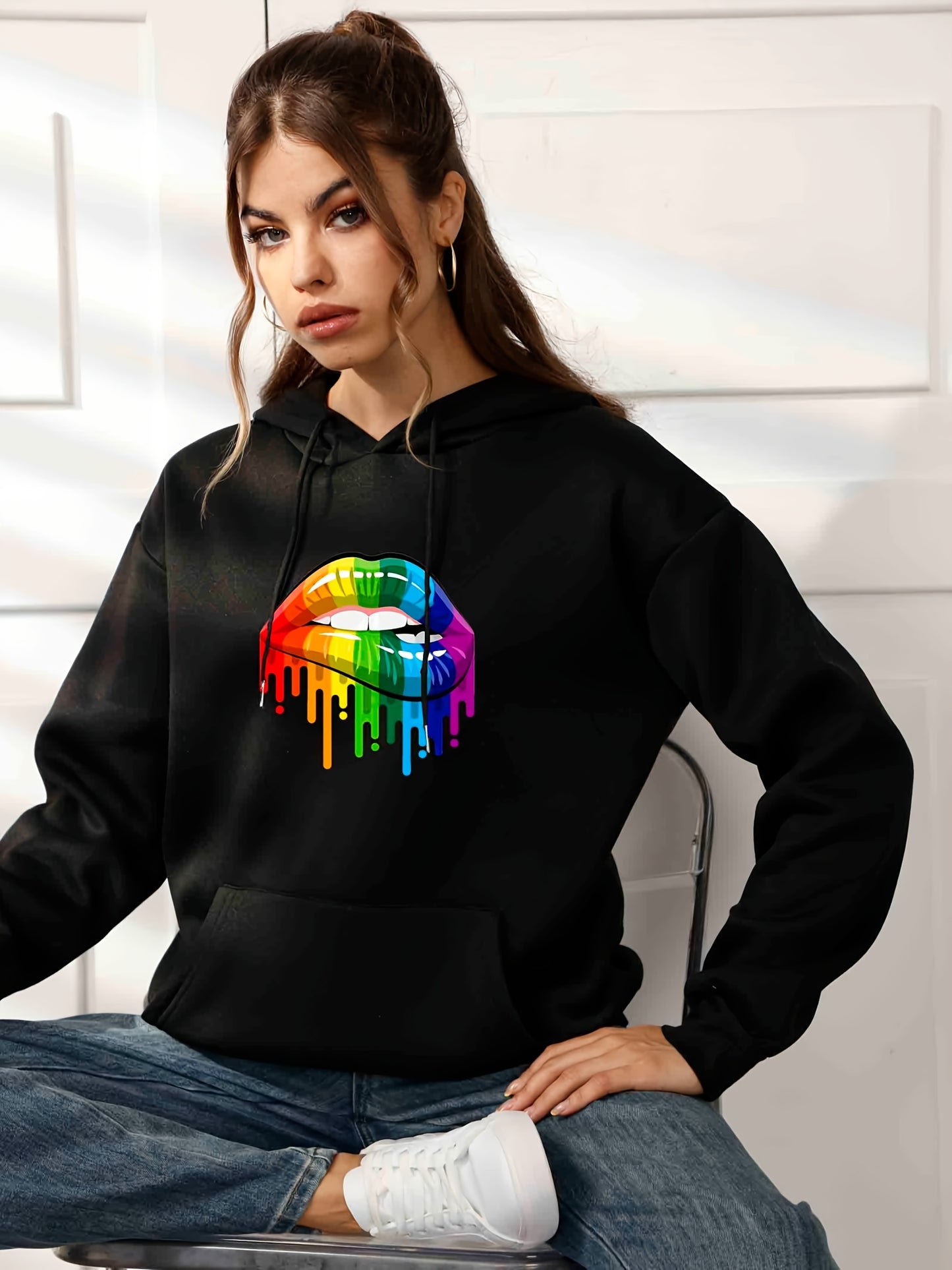 Rainbow Lip Print Casual Hoodies, Drawstring Long Sleeve Kangaroo Pocket Pullover Sweater, Women's Clothing