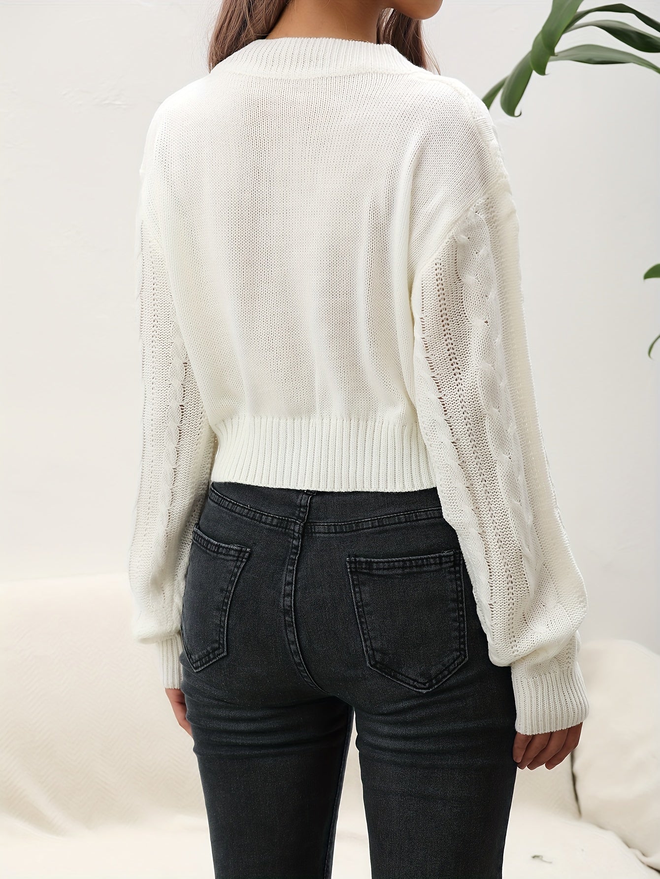 vlovelaw Solid Cable V Neck Sweater, Casual Long Sleeve Drop Shoulder Sweater, Women's Clothing