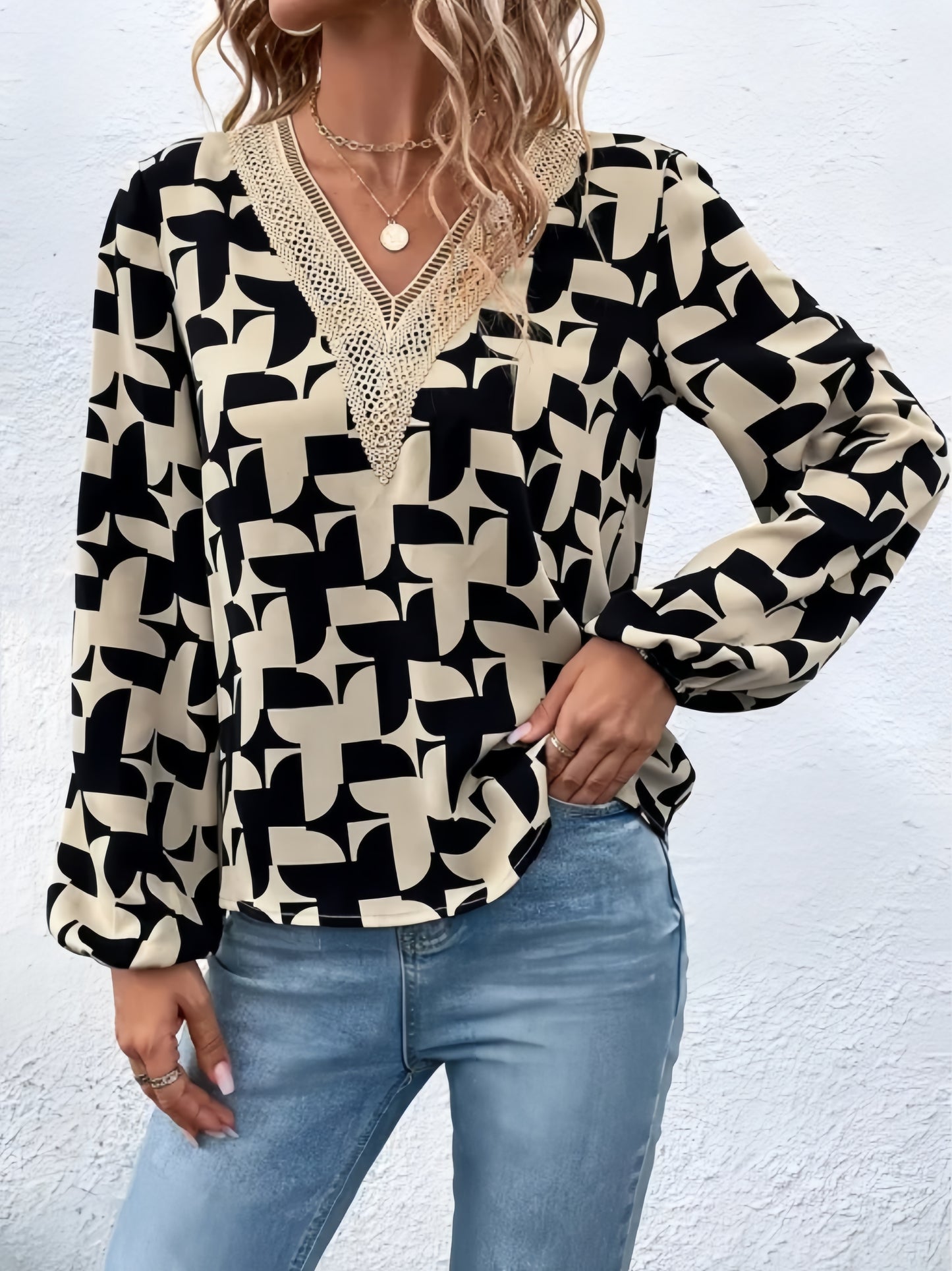 vlovelaw Guipure Lace Geo Print Blouse, Elegant V Neck Long Sleeve Blouse, Women's Clothing