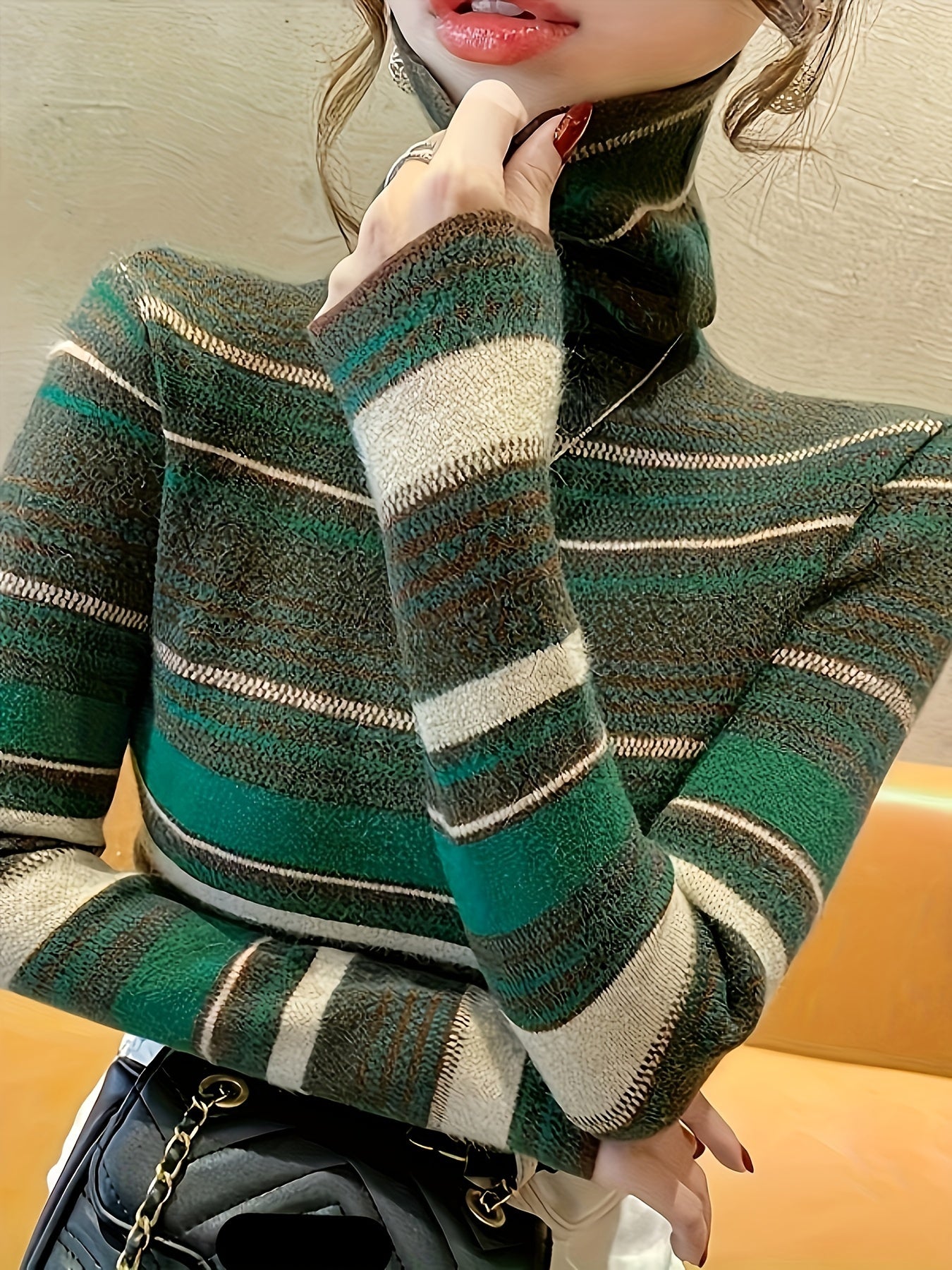 vlovelaw Stripes Print Turtle Neck Pullover Sweater, Elegant Long Sleeve Knitted Sweater For Fall & Winter, Women's Clothing