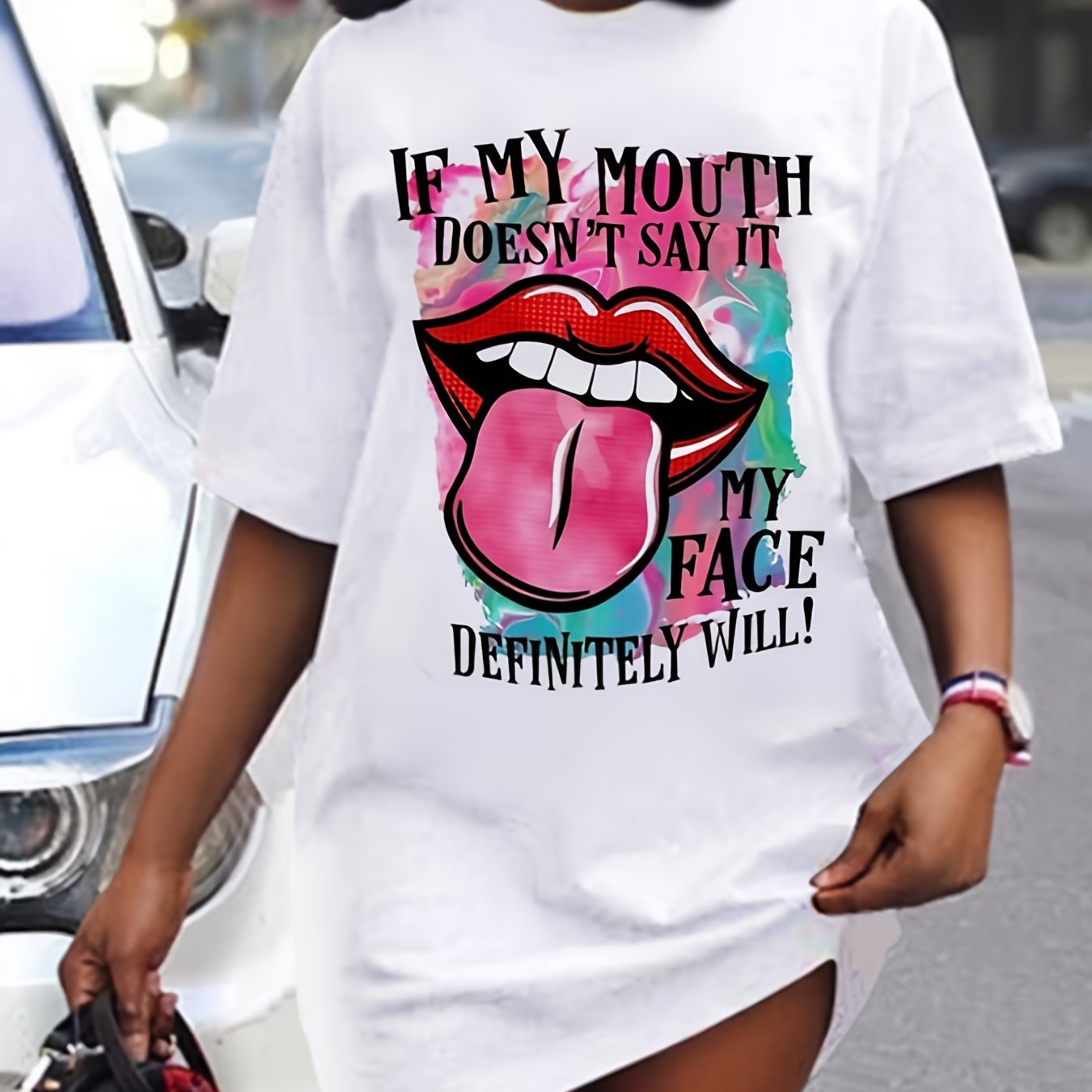 Lips Print Mini Tee Dress, Short Sleeve Crew Neck Casual Dress For Summer & Spring, Women's Clothing