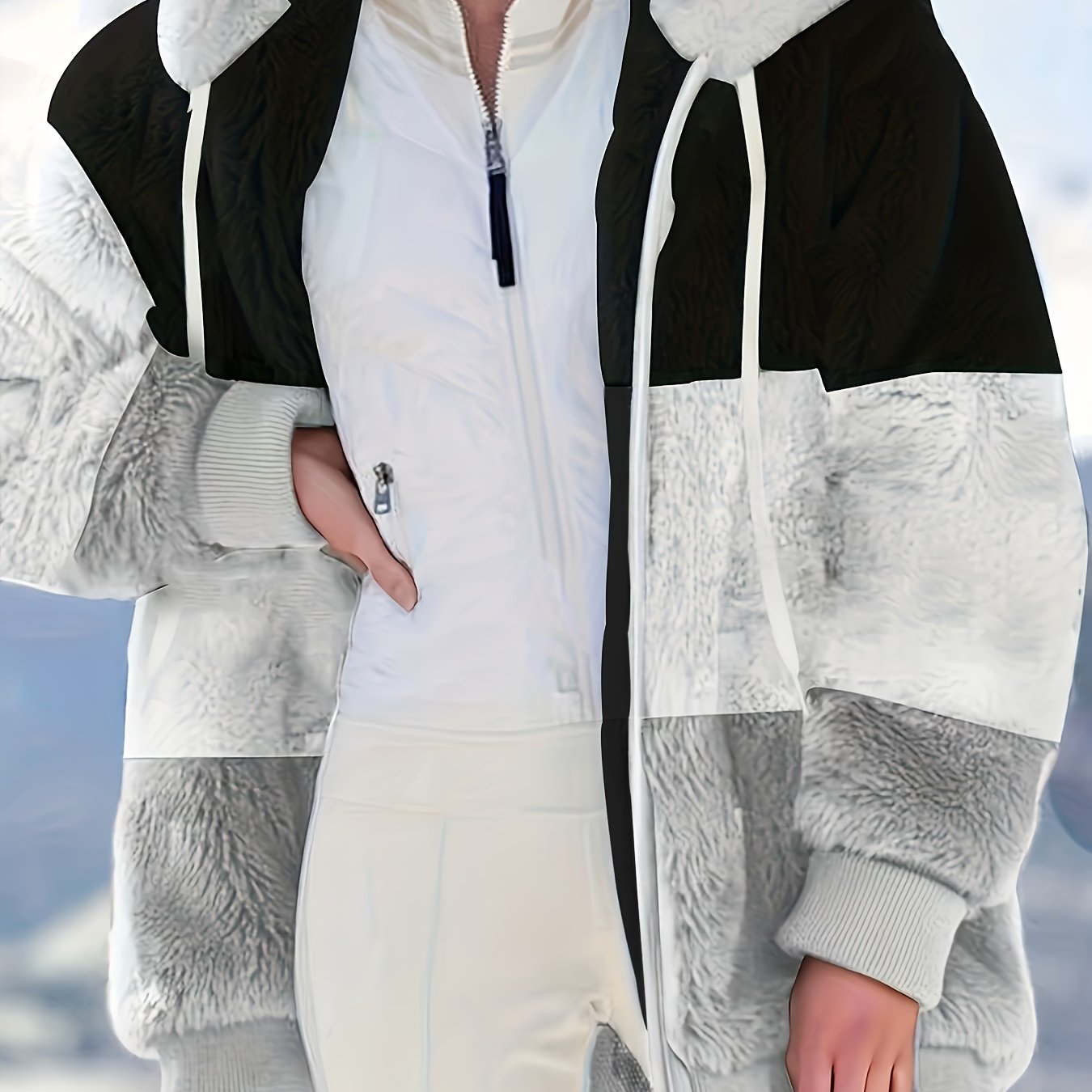 vlovelaw Color Block Hooded Teddy Coat, Casual Zip Up Long Sleeve Winter Warm Outerwear, Women's Clothing