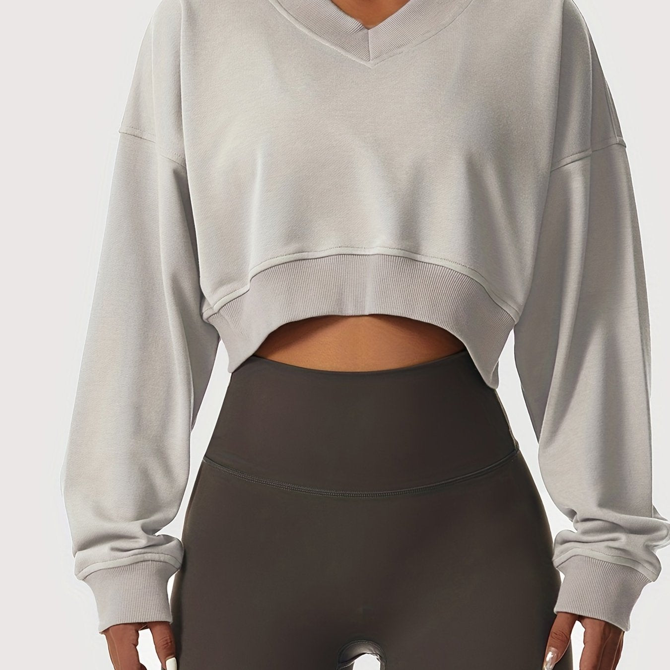 Women's Solid Cropped Long Sleeve Sweatshirts, Casual V Neck Pullover Sports T-Shirts Tops, Women's Clothing