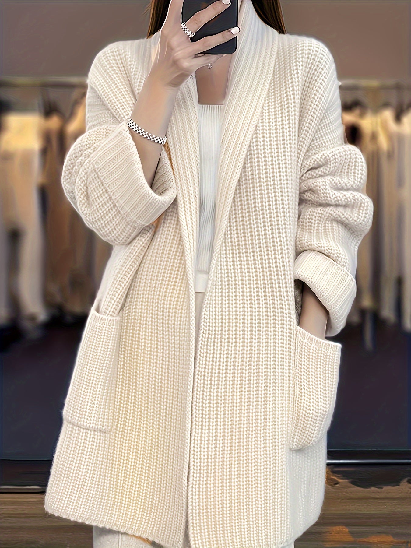 vlovelaw Solid Open Front Knit Cardigan, Casual Long Sleeve Drop Shoulder Sweater With Pocket, Women's Clothing