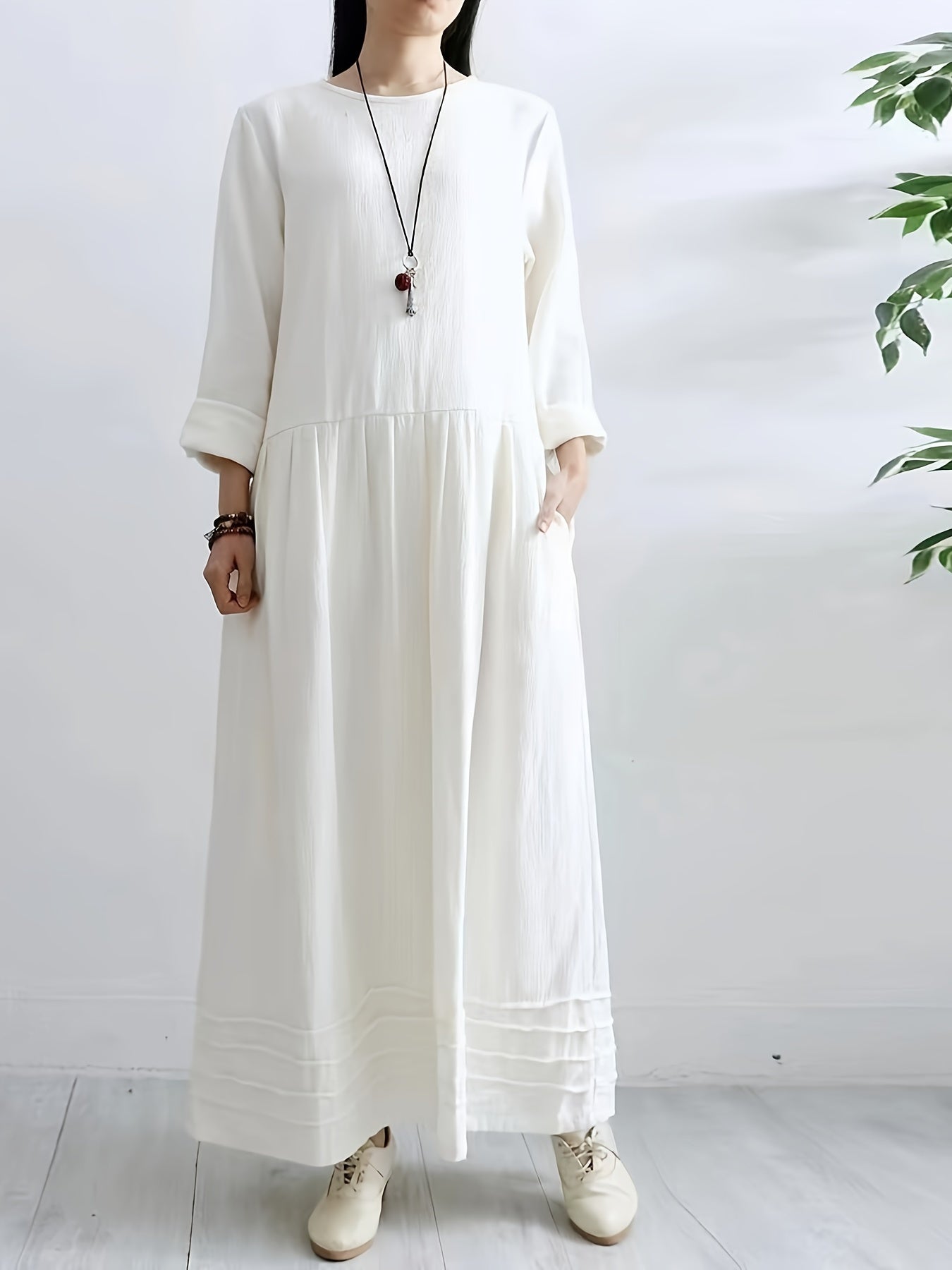 vlovelaw Solid Plicated Detail Oversized Dress, Long Sleeve Crew Neck Casual Dress, Women's Clothing