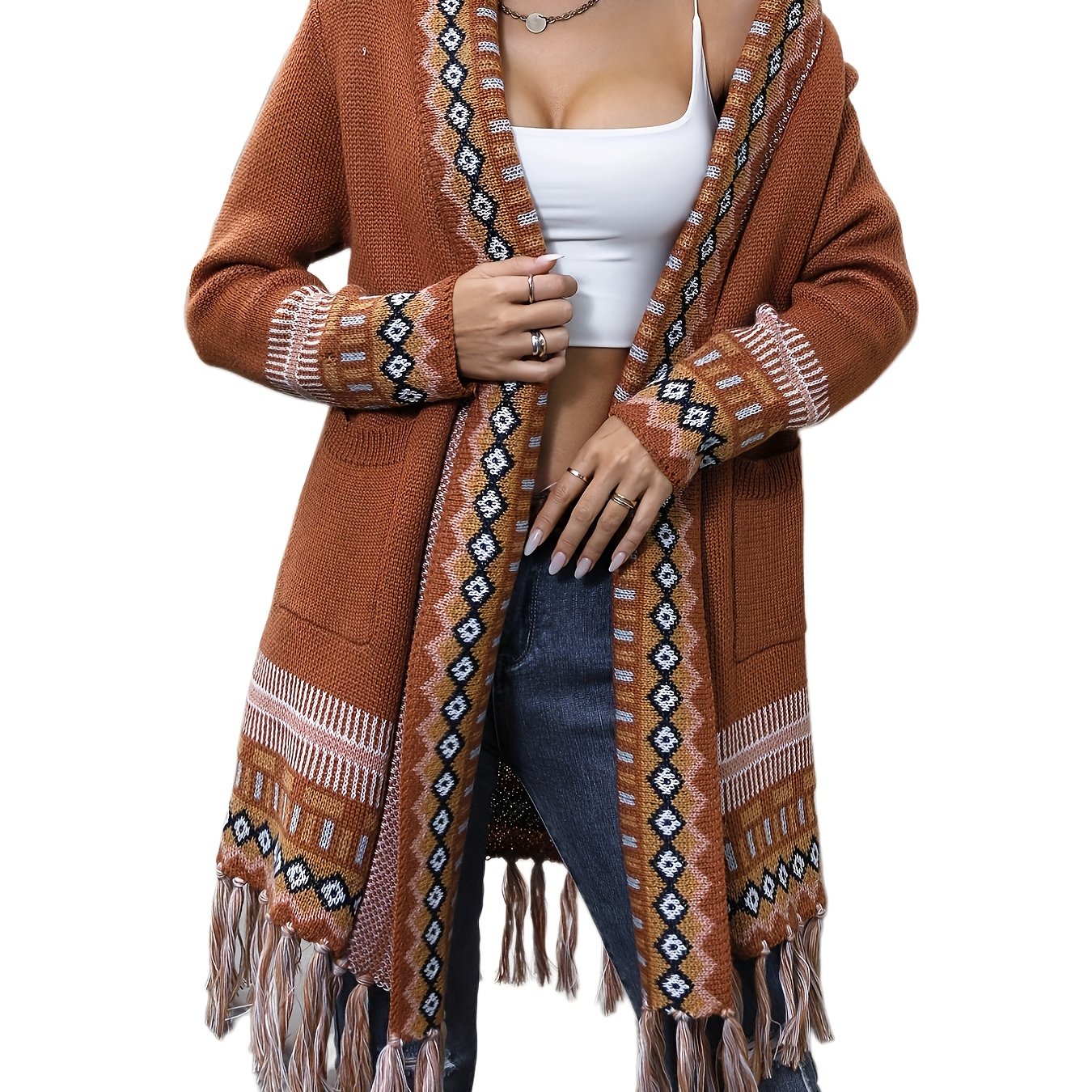 Ethnic Pattern Tassel Trim Knit Cardigan, Vintage Open Front Long Sleeve Pocket Sweater, Women's Clothing