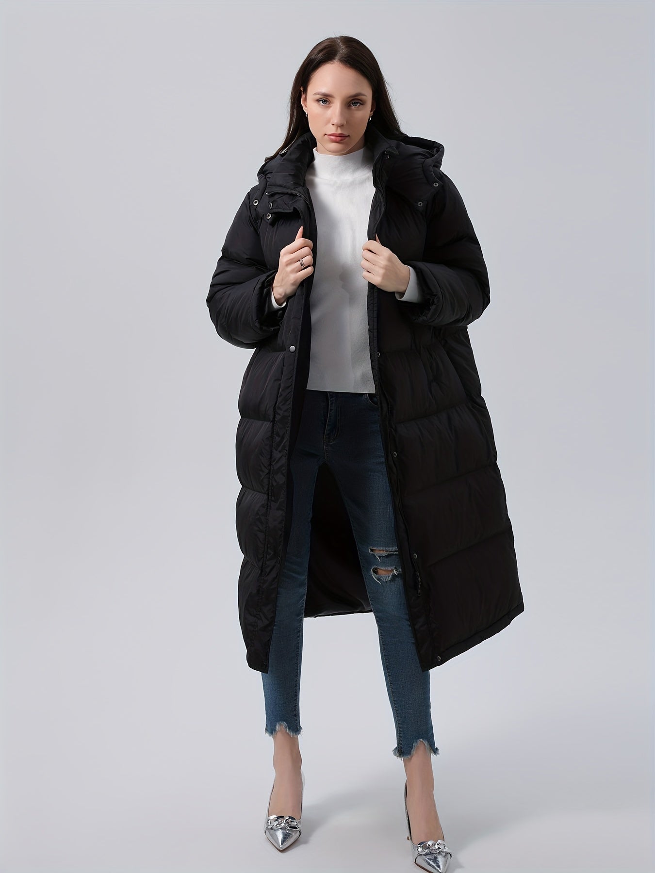 vlovelaw Plus Size Zip Front Hooded Coat, Casual Long Sleeve Warm Outwear For Winter, Women's Plus Size Clothing