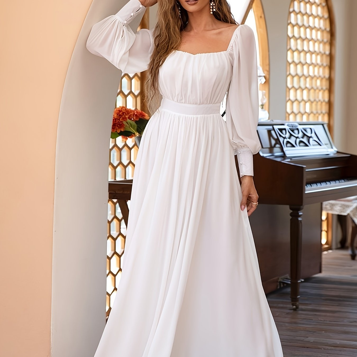 vlovelaw Solid Simple Dress, Elegant Long Sleeve Maxi Dress, Women's Clothing