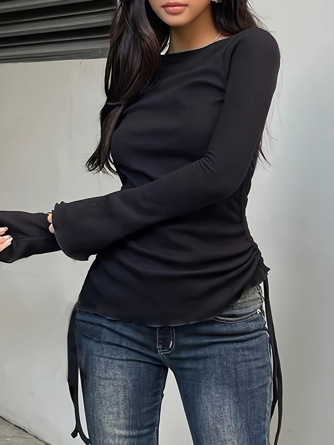 vlovelaw  Drawstring Crew Neck T-Shirt, Y2K Long Sleeve Lettuce Trim Top For Spring & Fall, Women's Clothing