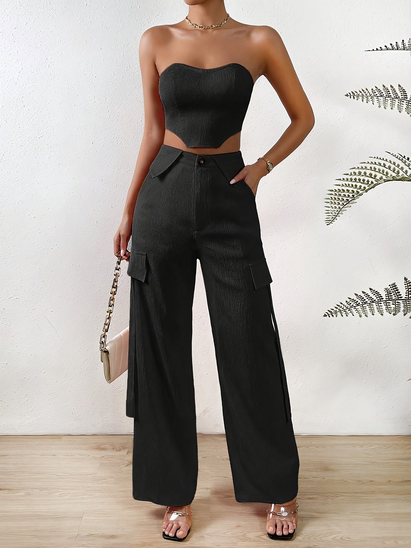 vlovelaw Solid Color Two-piece Set, Tie Back Tube Top & Button Long Pants Outfits, Women's Clothing
