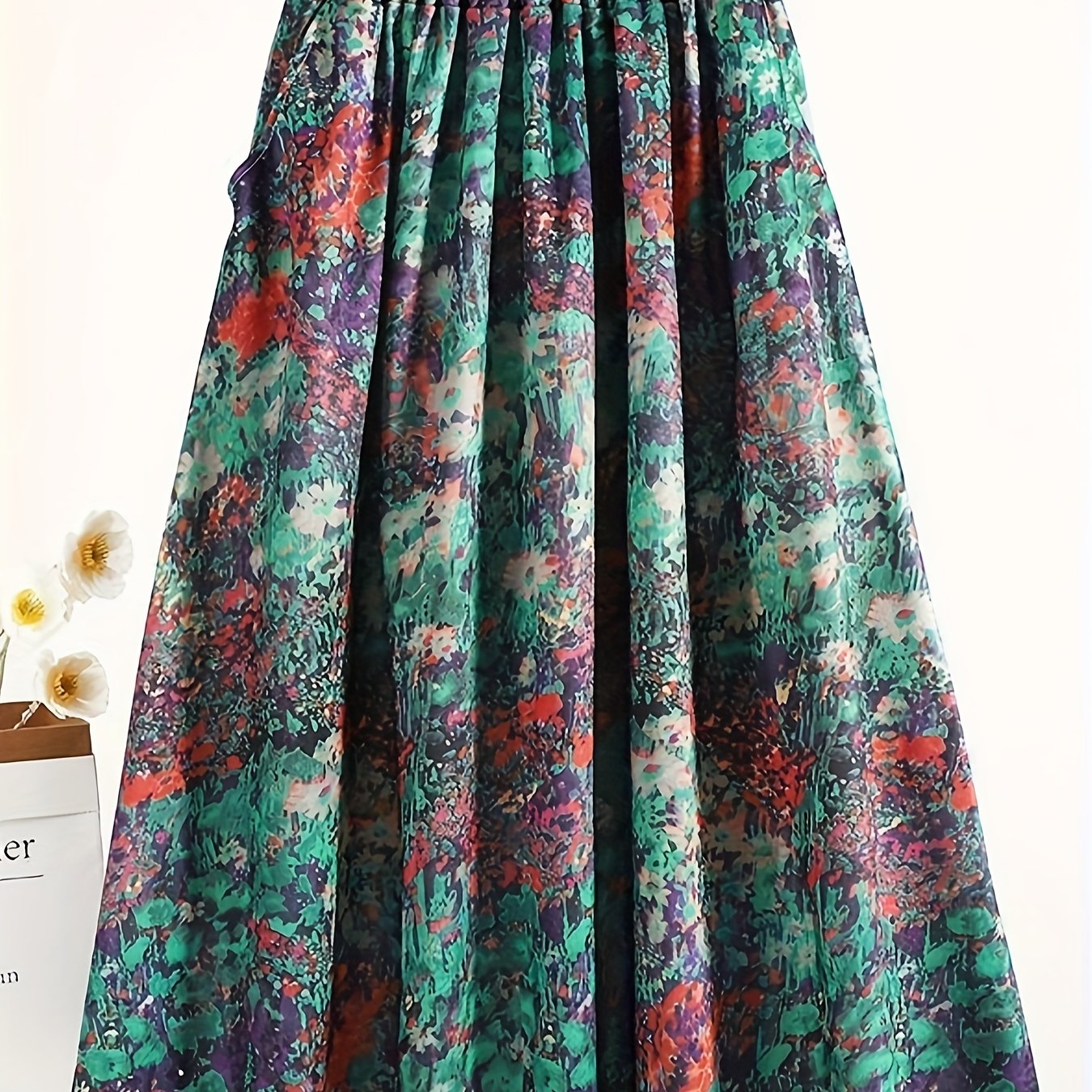 vlovelaw Floral Print Elastic Waist Skirt, Casual Flared Swing Midi Skirt, Women's Clothing