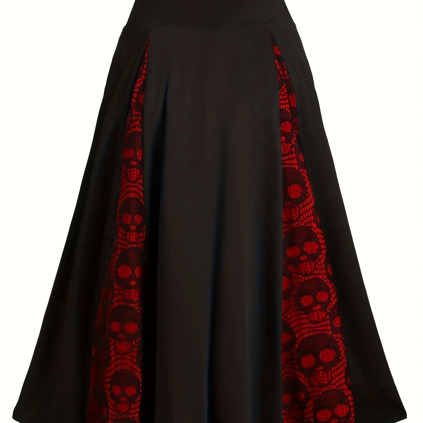 Plus Size Halloween Goth Skirt, Women's Plus Colorblock Skull Print High Rise Medium Stretch A-line Maxi Skirt