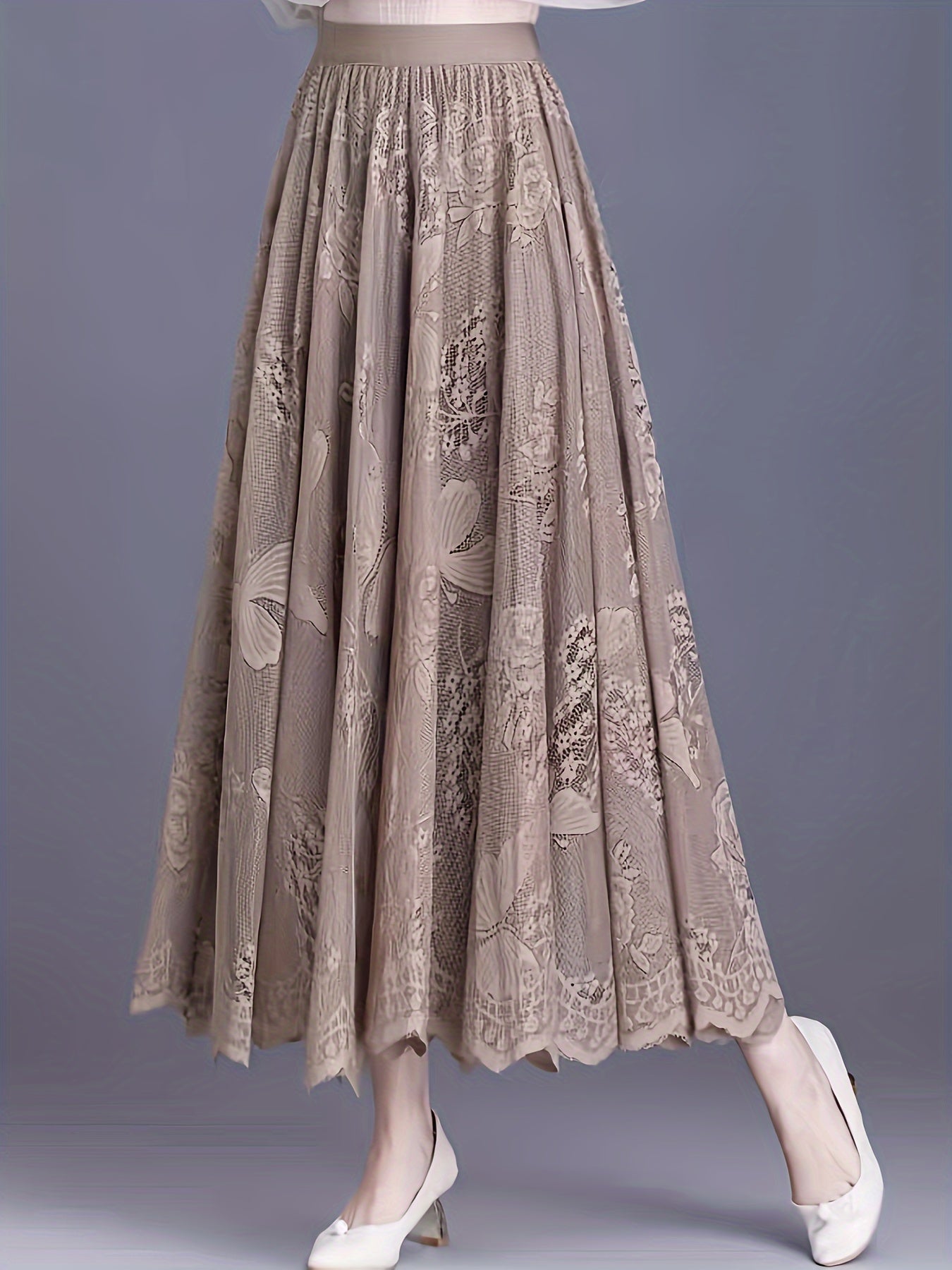vlovelaw Solid Floral Pattern Pleated Skirt, Elegant Elastic Waist Skirt For Spring & Fall, Women's Clothing