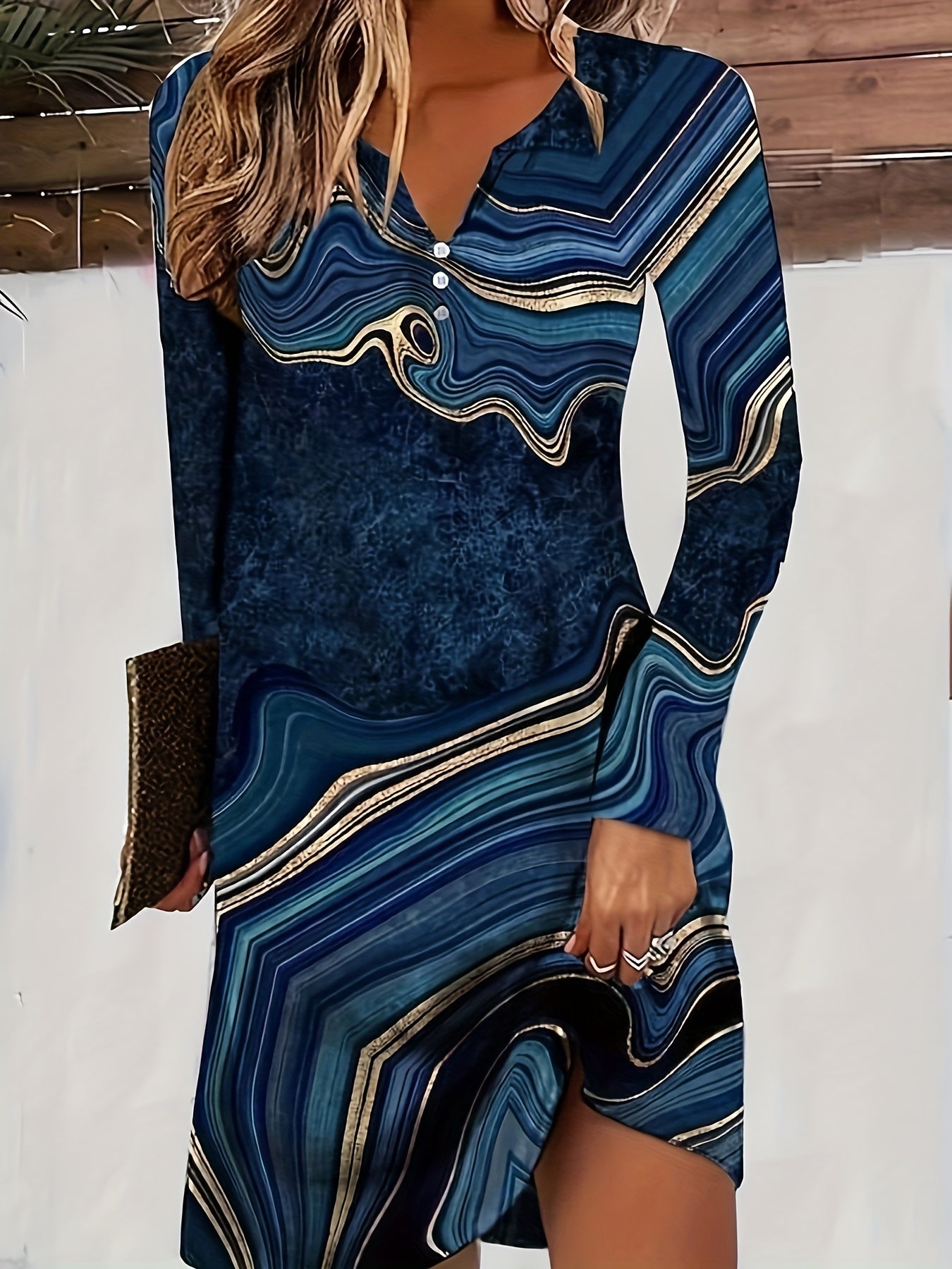 Abstract Print Long Sleeve Dress, Casual Notch Neck Button Dress For Spring & Fall, Women's Clothing