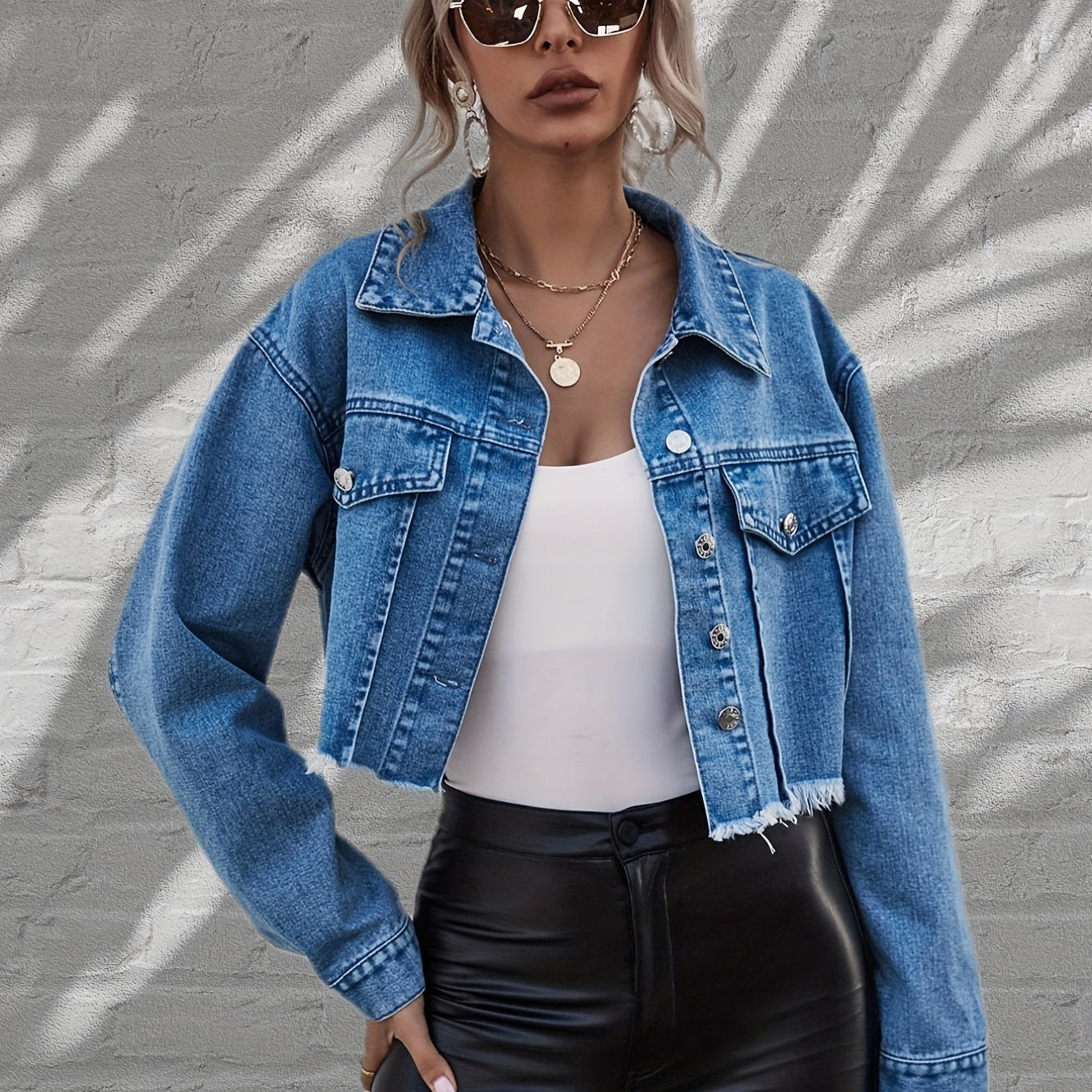 vlovelaw  Blue Raw Hem Denim Jackets, Long Sleeves Slight Stretch Lapel Denim Coats, Women's Denim Clothing