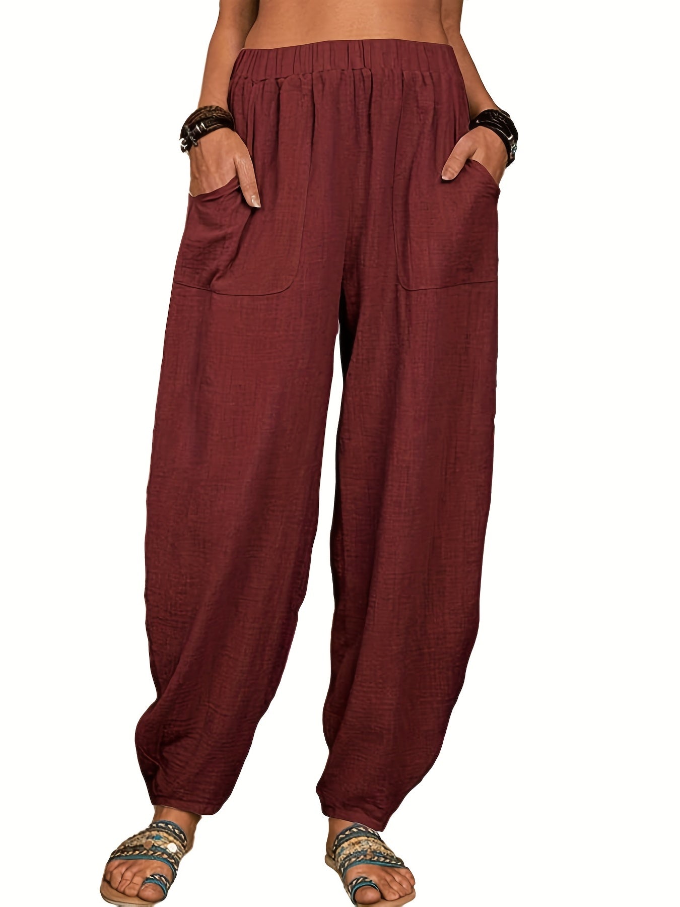 Elastic High Waist Harem Pants, Casual Pocket Pants For Spring & Summer, Women's Clothing