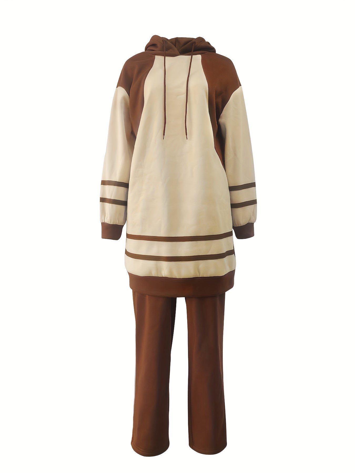 vlovelaw Casual Two-piece Set, Color Block Long Drawstring Hoodie & Pants Outfits, Women's Clothing