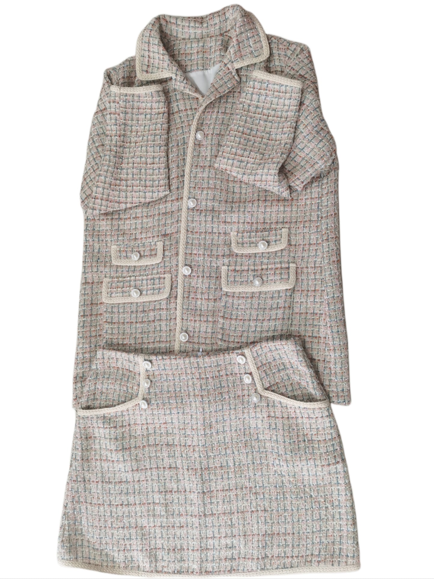 vlovelaw  Plus Size Elegant Outfits Set, Women's Plus Houndstooth Pattern Long Sleeve Button Up Flap Detail Lapel Collar Tweed Blazer & Mini Skirt Outfits Two Piece Set