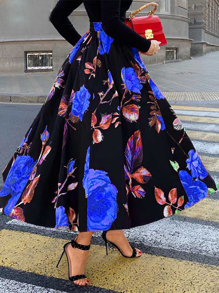 Plus Size Elegant Skirt, Women's Plus Floral Print Elastic High Rise Slight Stretch A-line Maxi Skirt