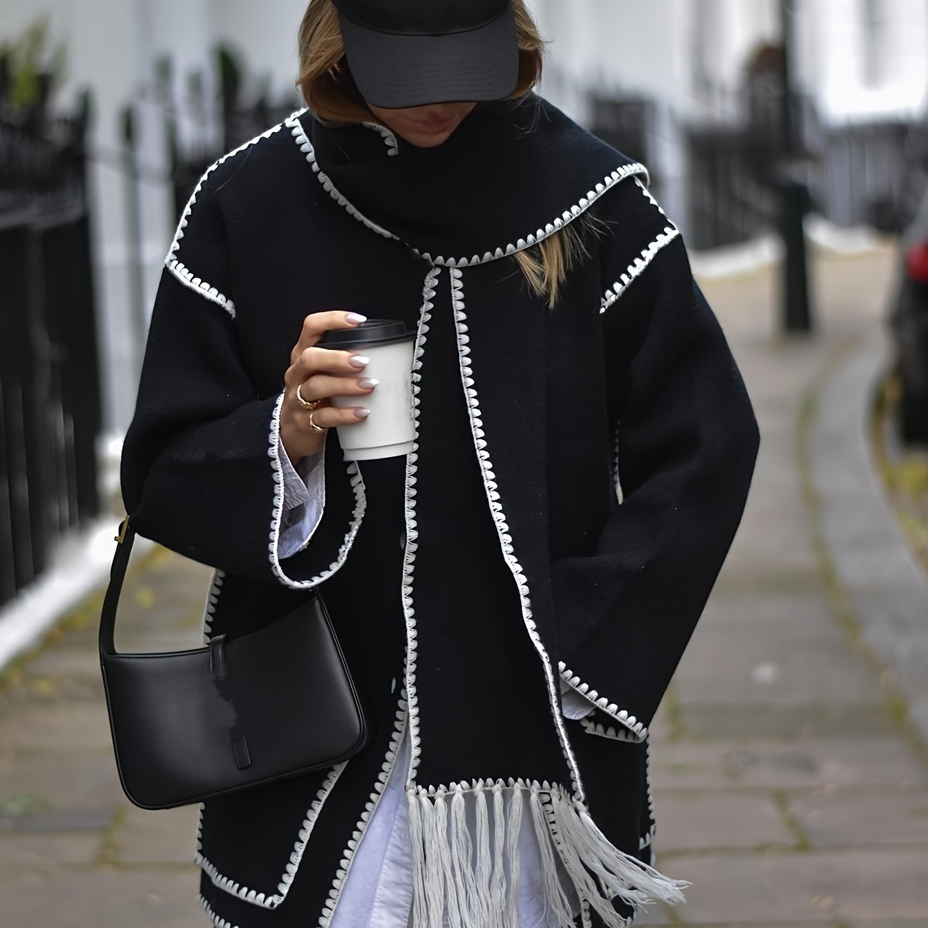 vlovelaw Contrast Trim Button Front Coat, Casual Long Sleeve Warm Outerwear, Women's Clothing