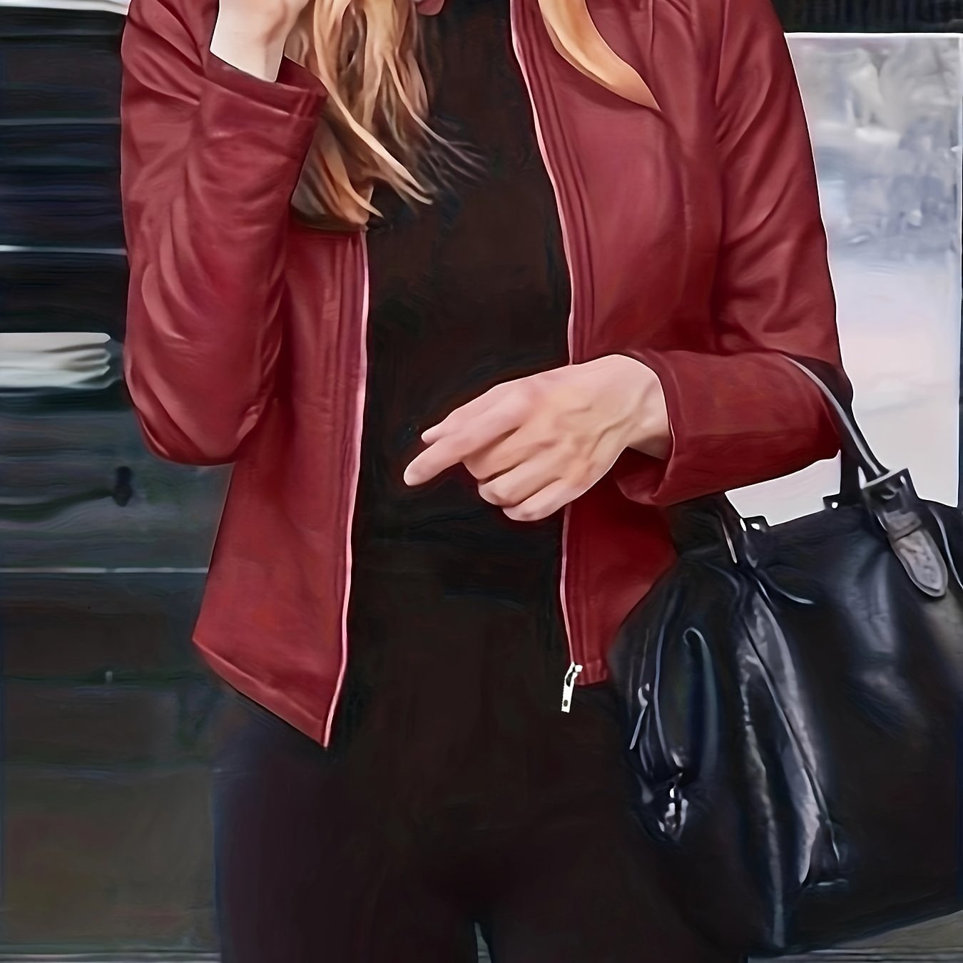 vlovelaw Solid Zipper Front Faux Leather Crop Jacket, Casual Long Sleeve Lightweight Jacket For Fall & Spring, Women's Clothing