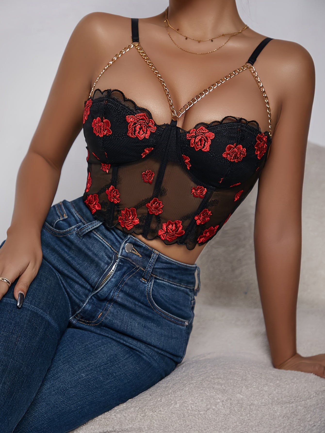 vlovelaw Corset Rose Embroidered Top, Sexy Bustier Chain Strap Crop Top For Summer, Women's Clothing