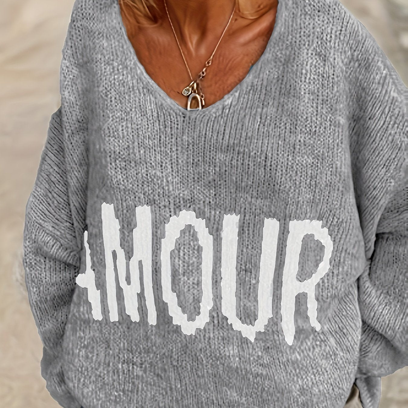 Letter Pattern V Neck Pullover Sweater, Casual Long Sleeve Drop Shoulder Sweater, Women's Clothing