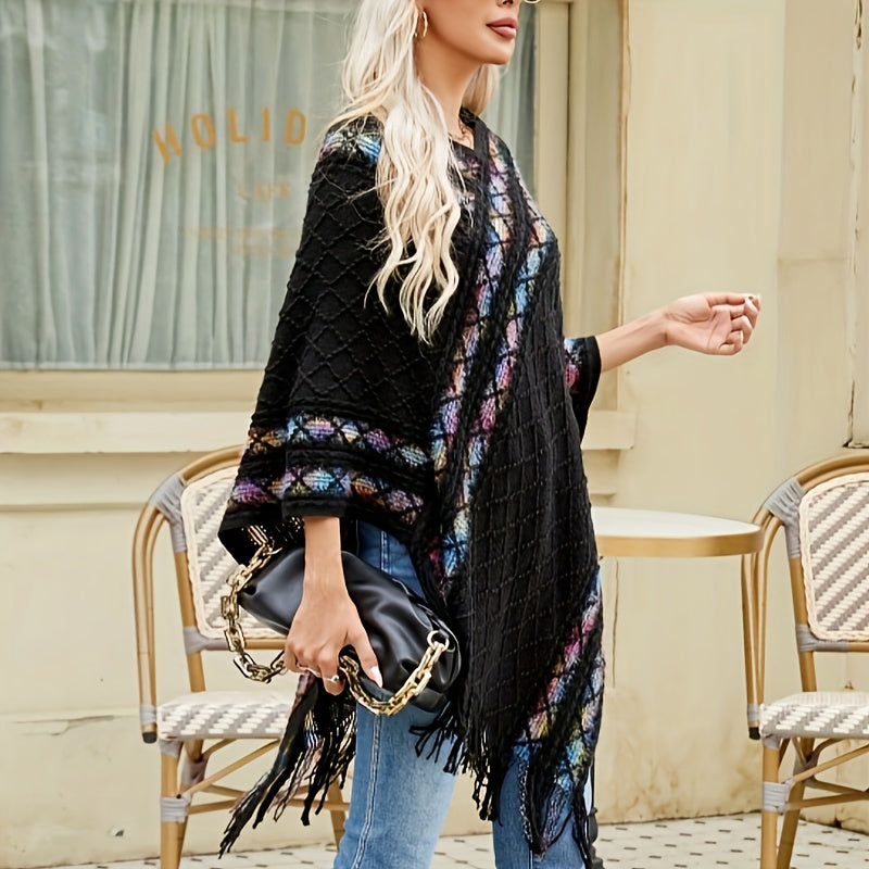 Pullover Woven Shawl Large Warm Fringed Shawl Wrap Windproof Shawl Cape For Casual Outdoor