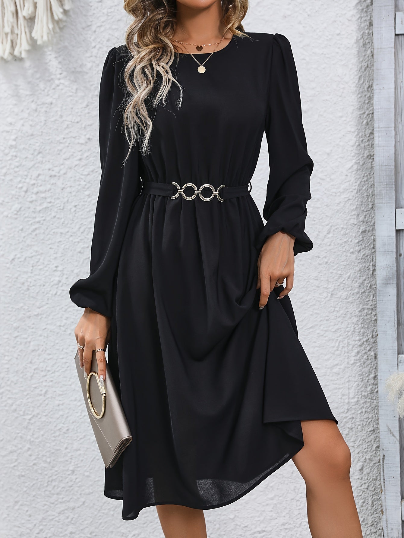 vlovelaw Solid Color Tie Back Dress, Elegant Chain Belt Crew Neck Long Sleeve Dress For Spring & Fall, Women's Clothing