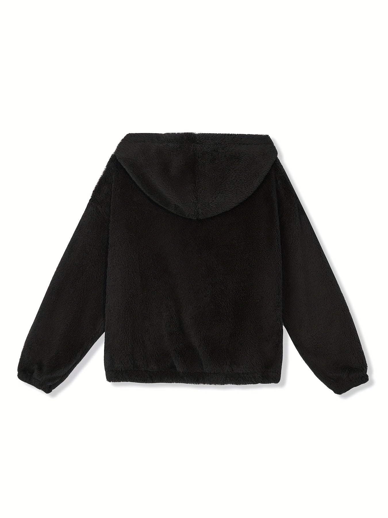 Solid Teddy Hooded Jacket, Casual Zip Up Long Sleeve Outerwear, Women's Clothing