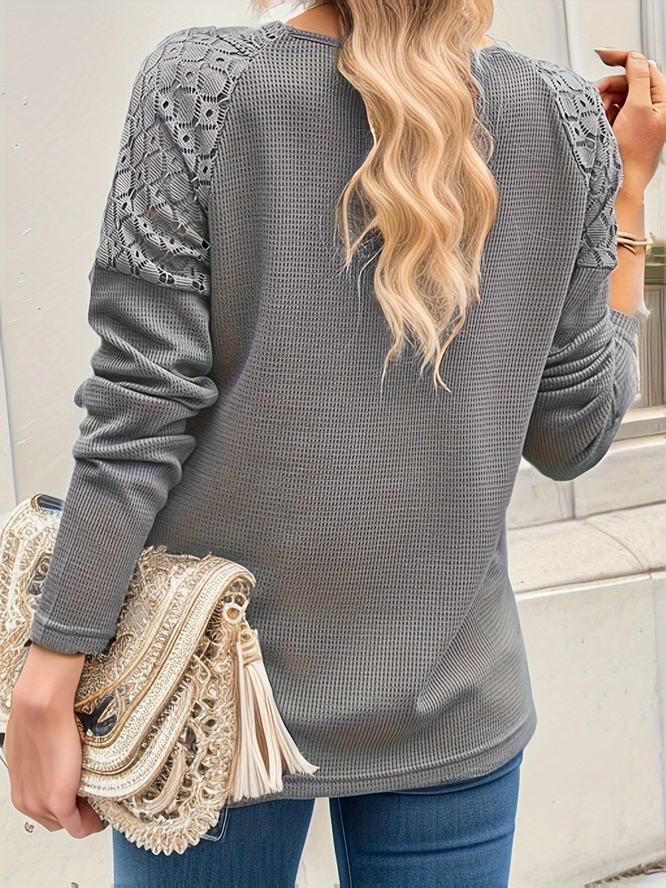 Lace Stitching Button Front V Neck T-Shirt, Casual Long Sleeve Top For Spring & Fall, Women's Clothing