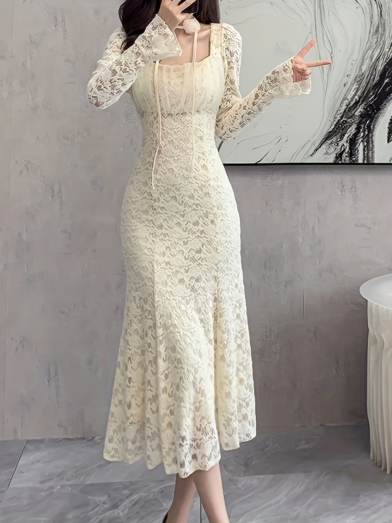 vlovelaw Square Neck Lace Trumpet Dress, Chic Long Sleeve Ruched Mid Calf Dress, Women's Clothing