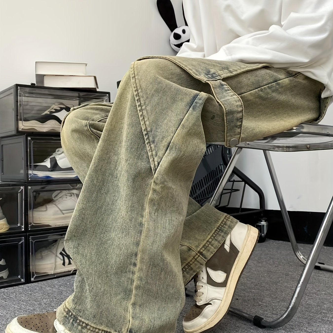 vlovelaw Loose Fit Vintage Style Denim Pants, Men's Casual Street Style Wide Leg Jeans