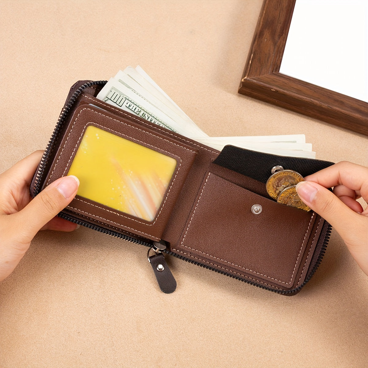 CarrKen Vintage-Inspired Solid Wallet: Secure Zip-Around Coin Holder, Textured Credit Card Organizer