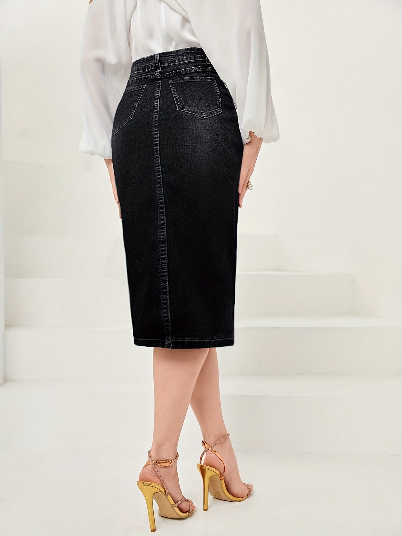 Side Split Vintage Washed Midi Denim Skirt, Zipper Button Closure Solid Color Slash Pocket Denim Skirt, Women's Denim Jeans & Clothing