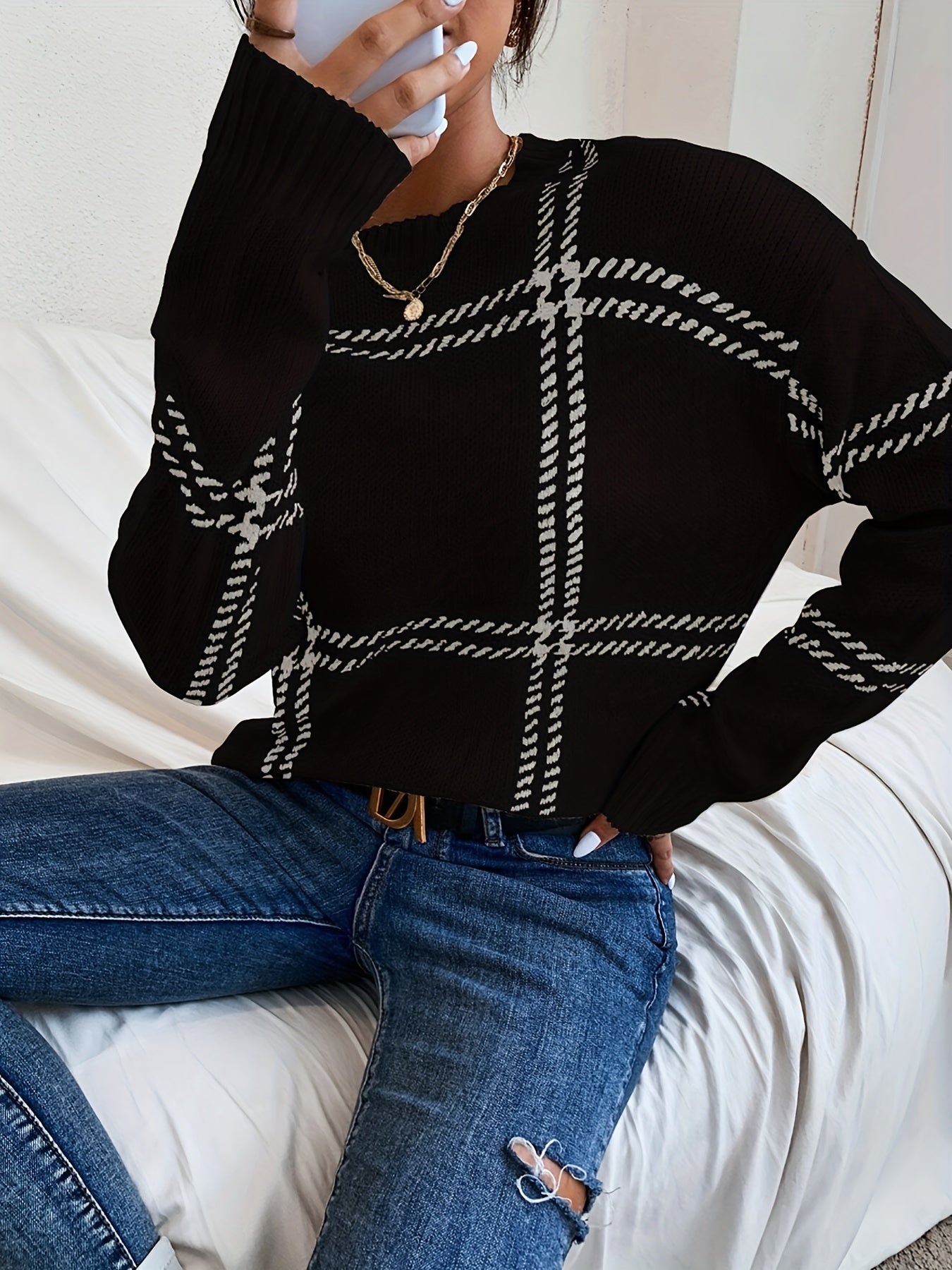 vlovelaw Plaid Crew Neck Pullover Sweater, Casual Long Sleeve Drop Shoulder Sweater For Fall & Winter, Women's Clothing