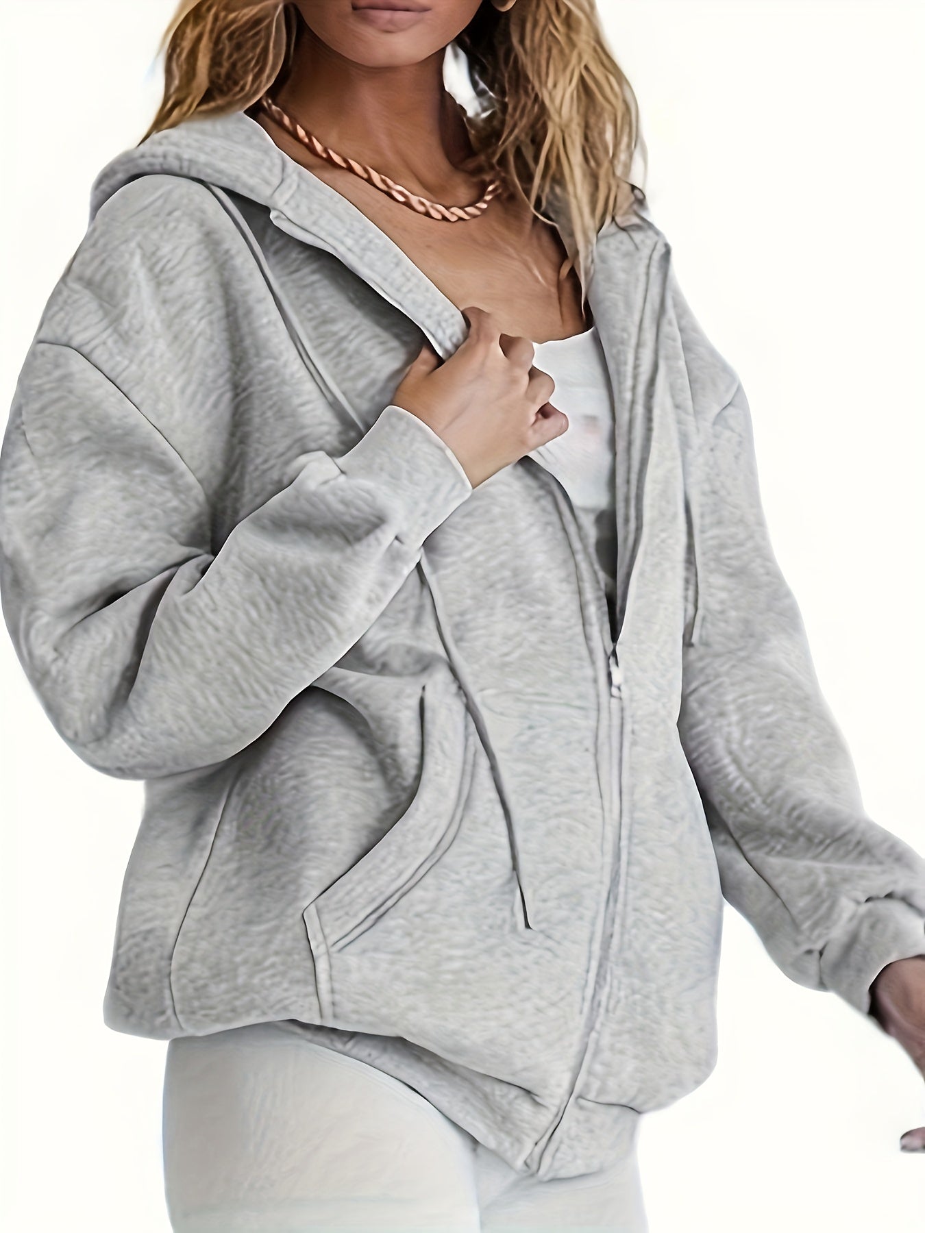 vlovelaw Solid Zip Up Pocket Hoodie, Casual Long Sleeve Drawstring Hoodies Sweatshirt, Women's Clothing