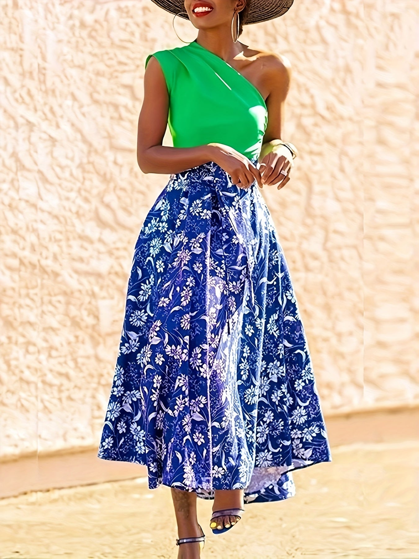 Plus Size Elegant Skirt, Women's Plus Floral Print Knot Front Elastic High Rise Asymmetric Hem Swing Maxi Skirt