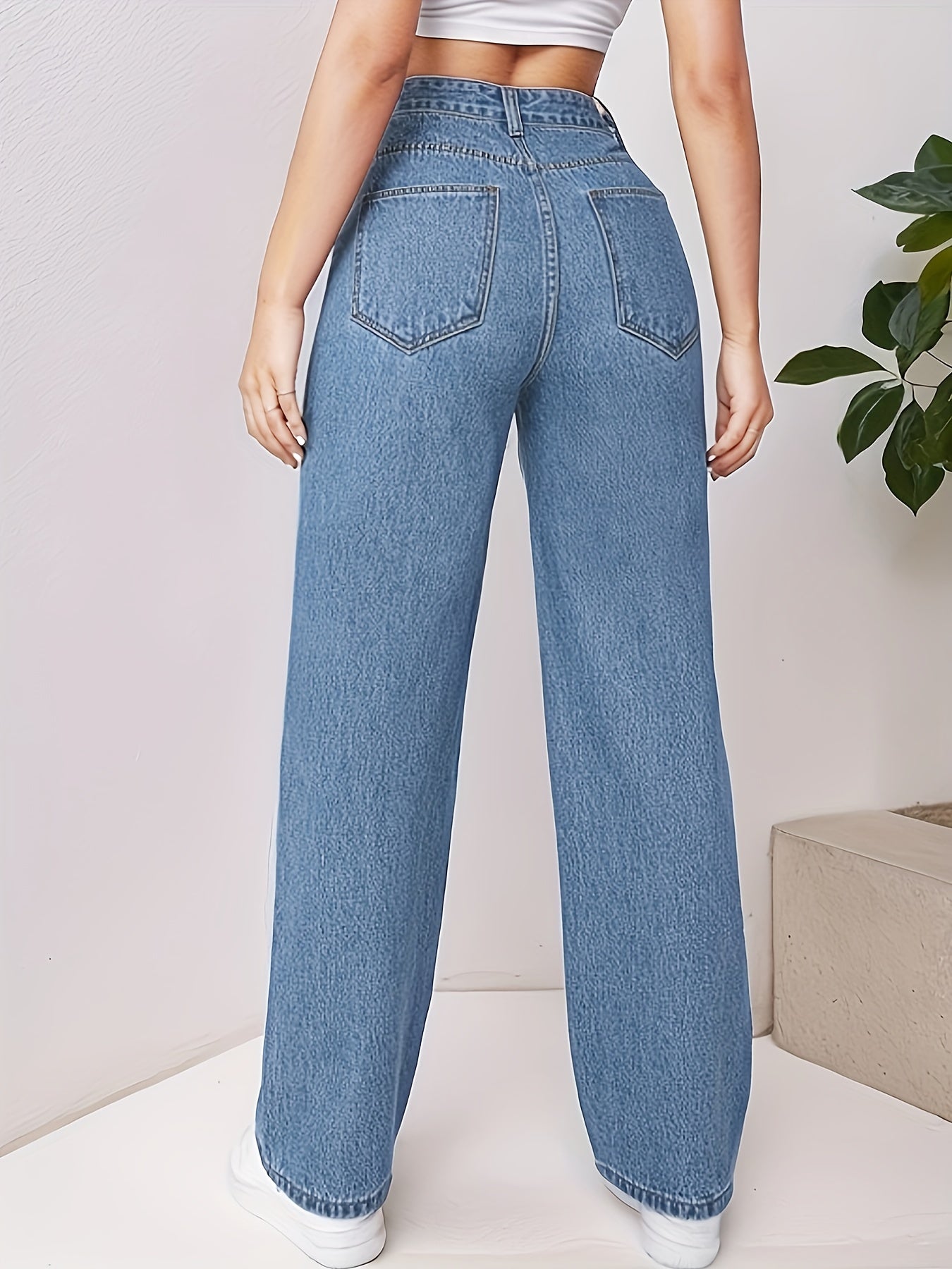 vlovelaw Blue Loose Fit Straight Jeans, High Waist Non-Stretch Slash Pockets Denim Pants, Women's Denim Jeans & Clothing