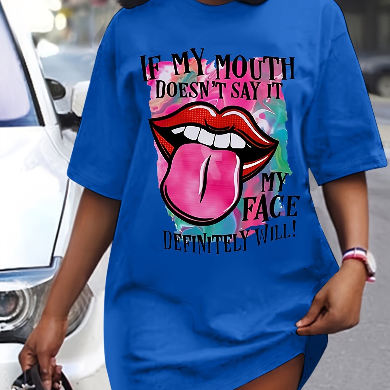 Lips Print Mini Tee Dress, Short Sleeve Crew Neck Casual Dress For Summer & Spring, Women's Clothing