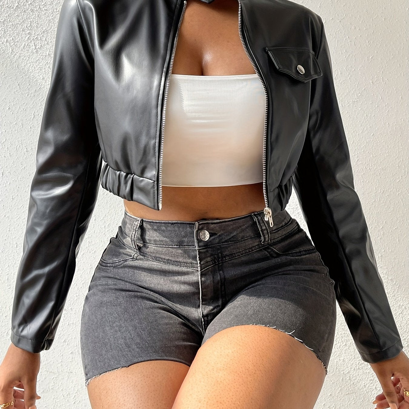 vlovelaw  Solid Zipper Crop Motor Jacket, Casual Faux Leather Long Sleeve Jacket For Fall, Women's Clothing