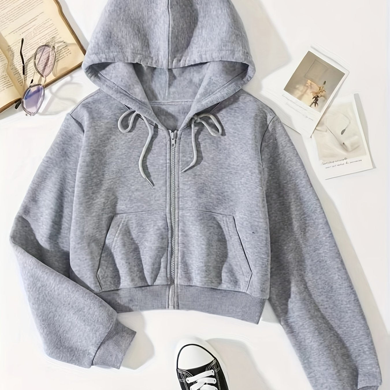 vlovelaw Solid Drawstring Zip Up Thermal Lined Crop Hoodie Sweatshirt, Long Sleeve Pocket Front Sweatshirt, Women's Tops