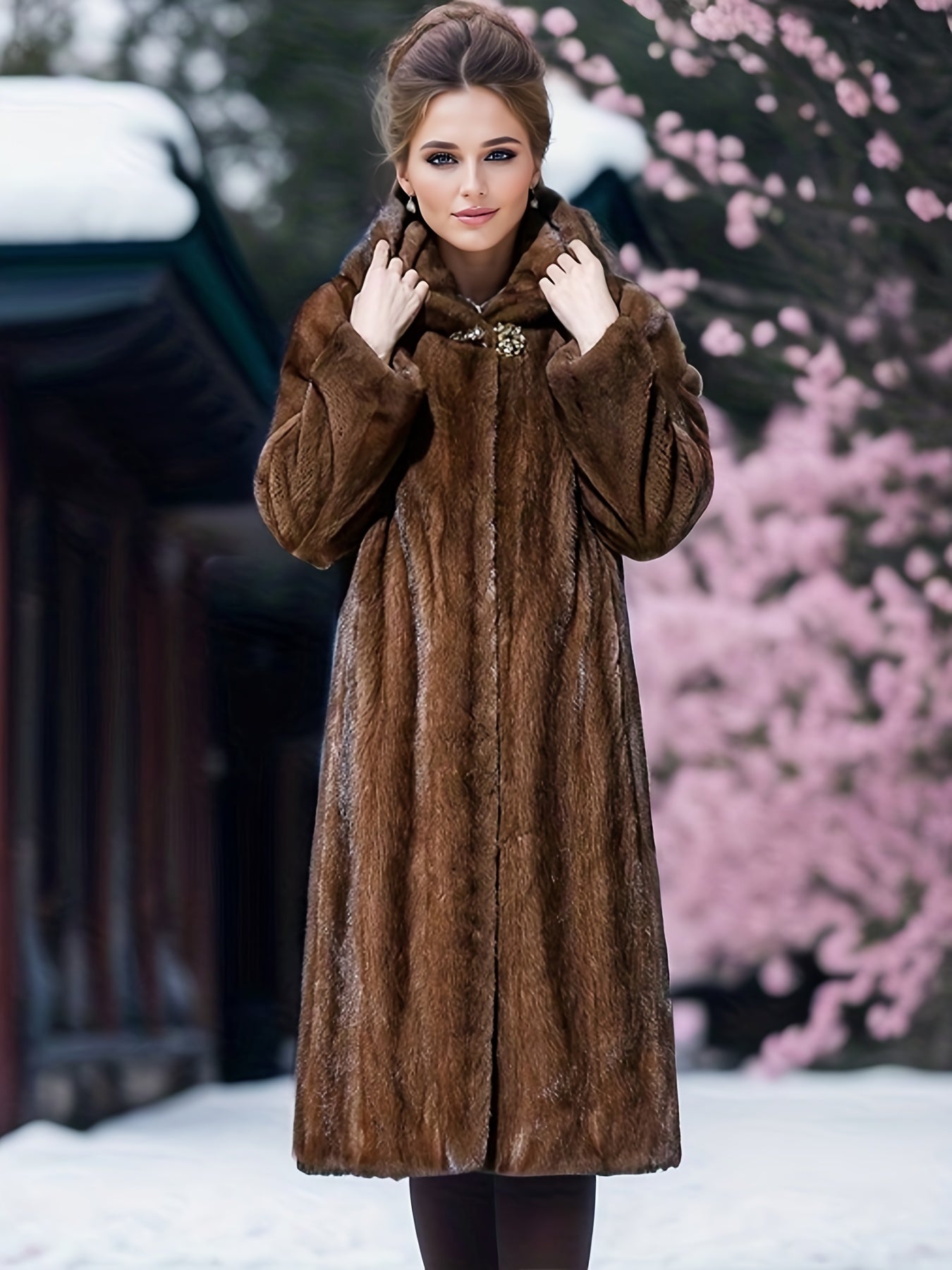 vlovelaw Open Front Faux Fur Hooded Coat, Elegant Thermal Long Sleeve Midi Coat For Winter, Women's Clothing