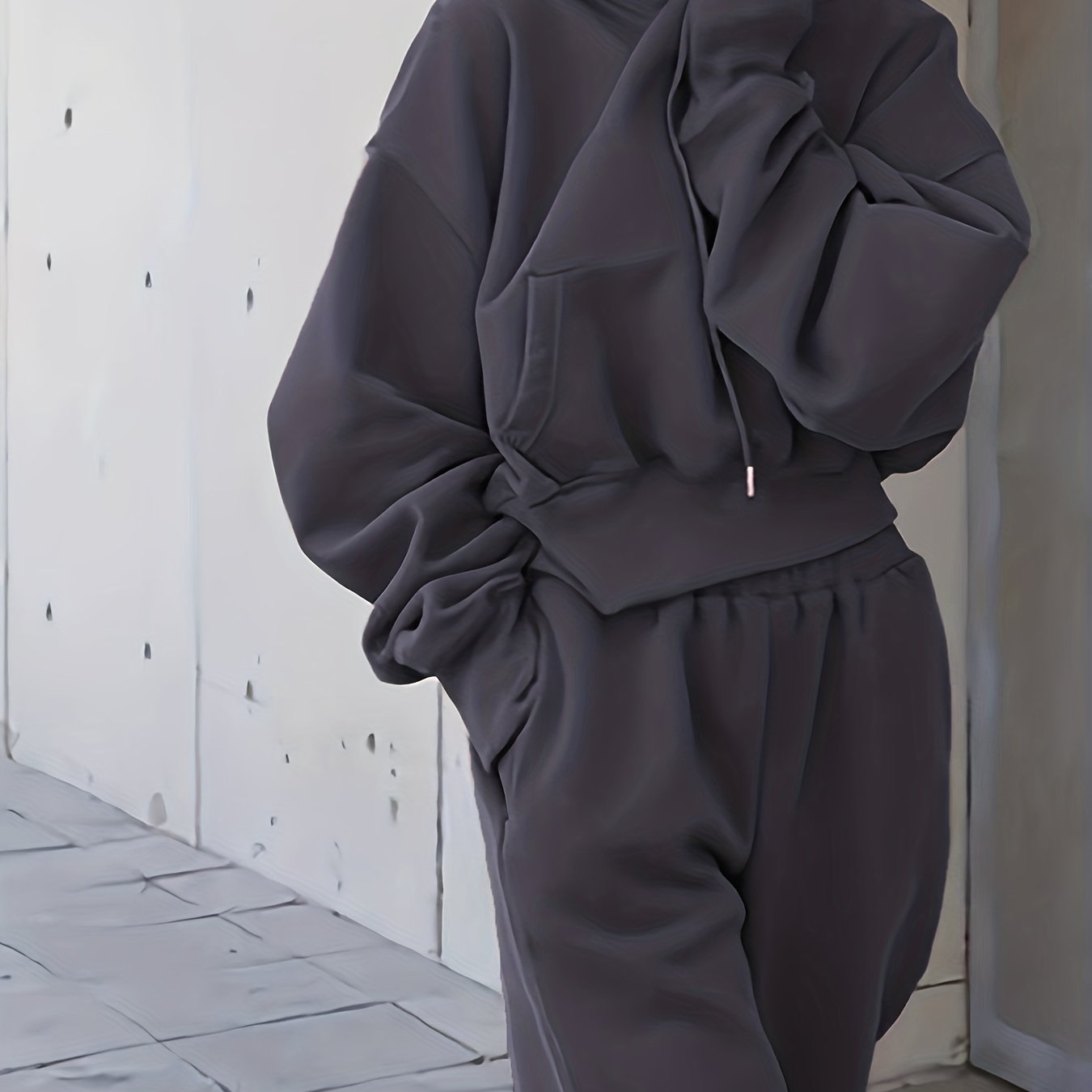 vlovelaw 2pcs Athleisure Set, Oversized Solid Hooded Pocket Drawstring Sweatshirts & Sweatpants Sets, Women's Clothing