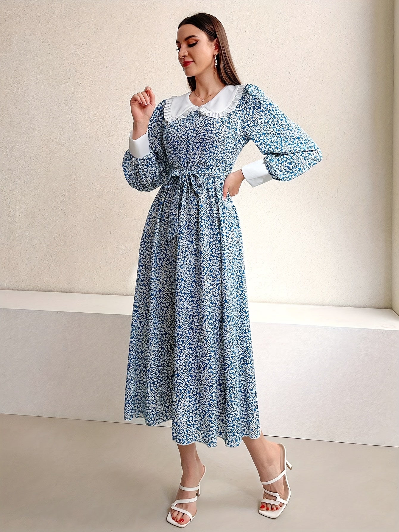 vlovelaw Floral Print Belted Dress, Elegant Long Sleeve Dress For Spring & Fall, Women's Clothing