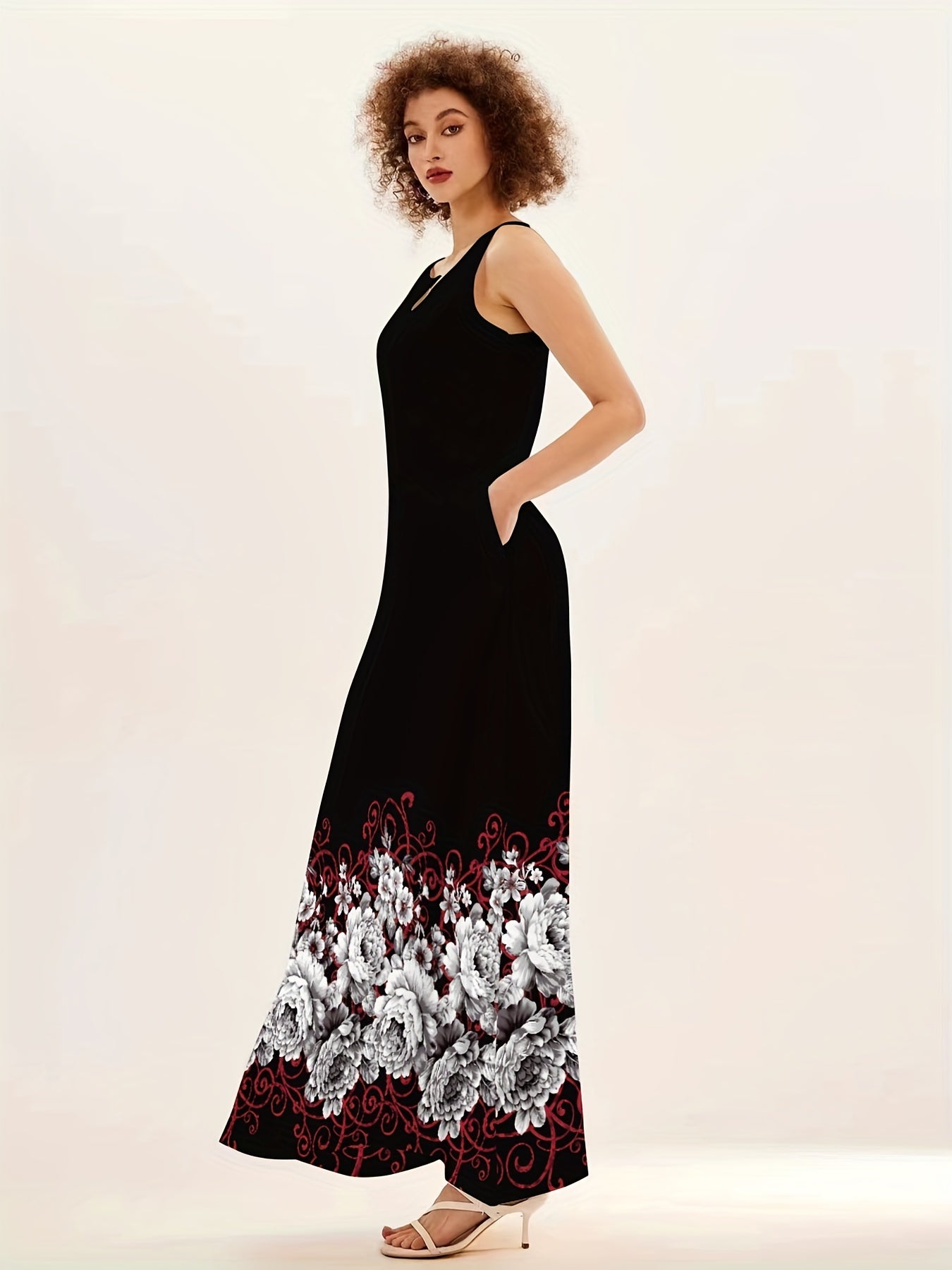 Floral Print Ring Linked Dress, Casual Crew Neck Dual Pockets Tank Dress, Women's Clothing