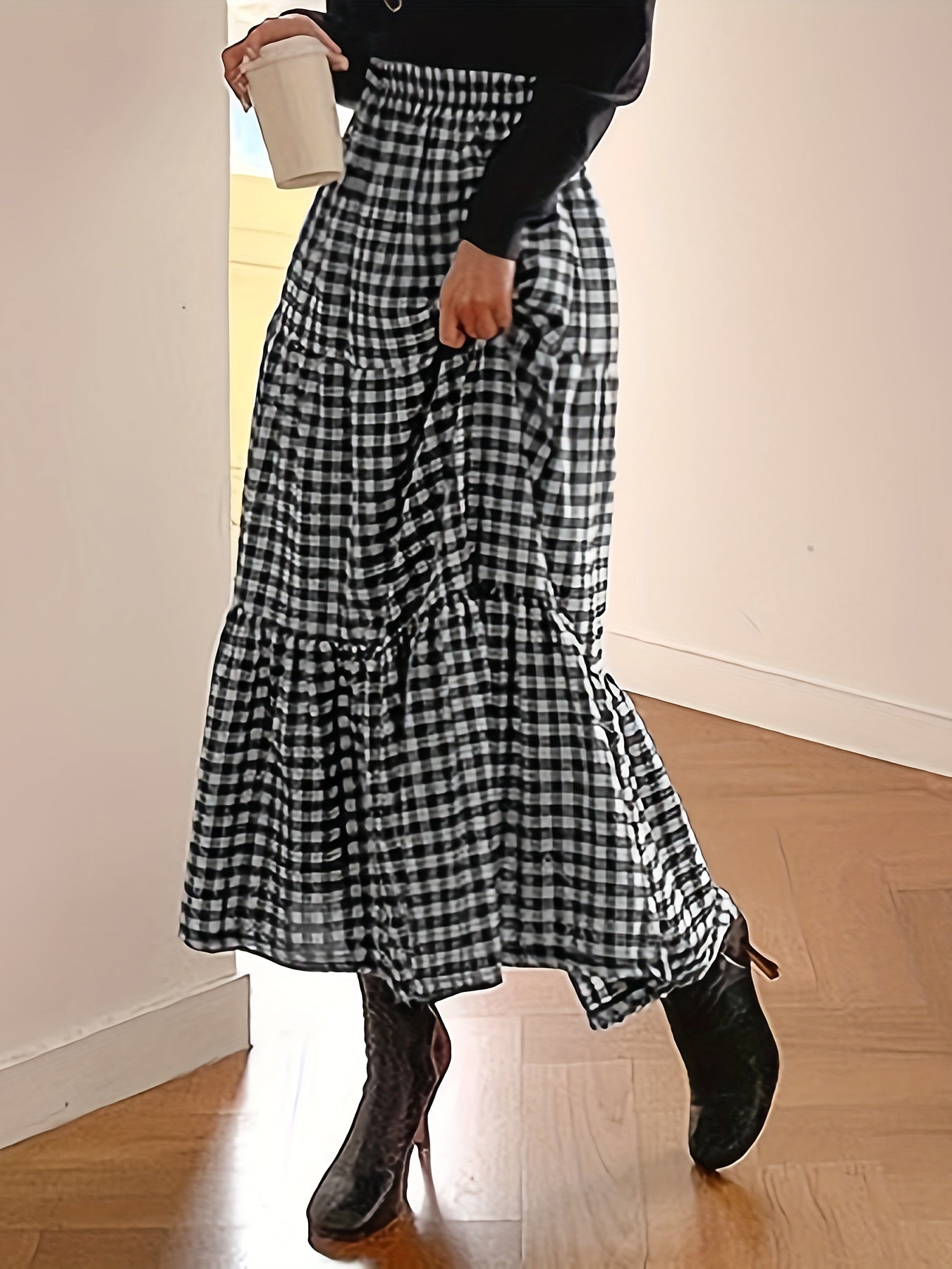 Plaid Print Tiered Skirts, Elegant High Waist Midi Skirts, Women's Clothing
